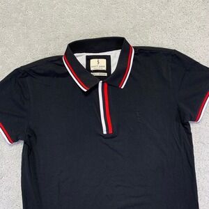 Scott James England Mens Black Polo Shirt Medium Red White Stripe Short Sleeve